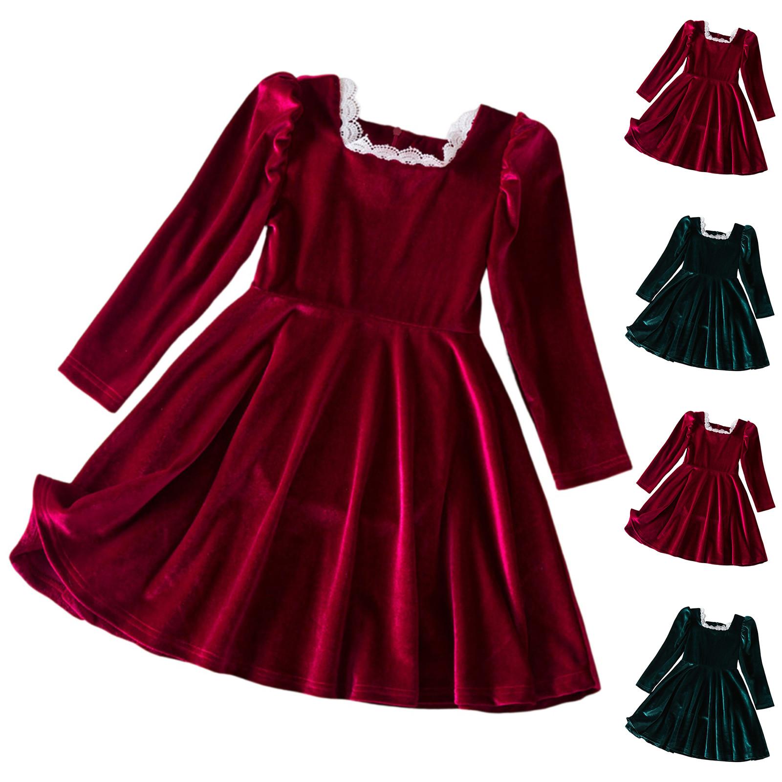 

Girls Fashion Cute French Lace Neckline Princess Dress Long Sleeve Solid Color Dresses 3Y зелений