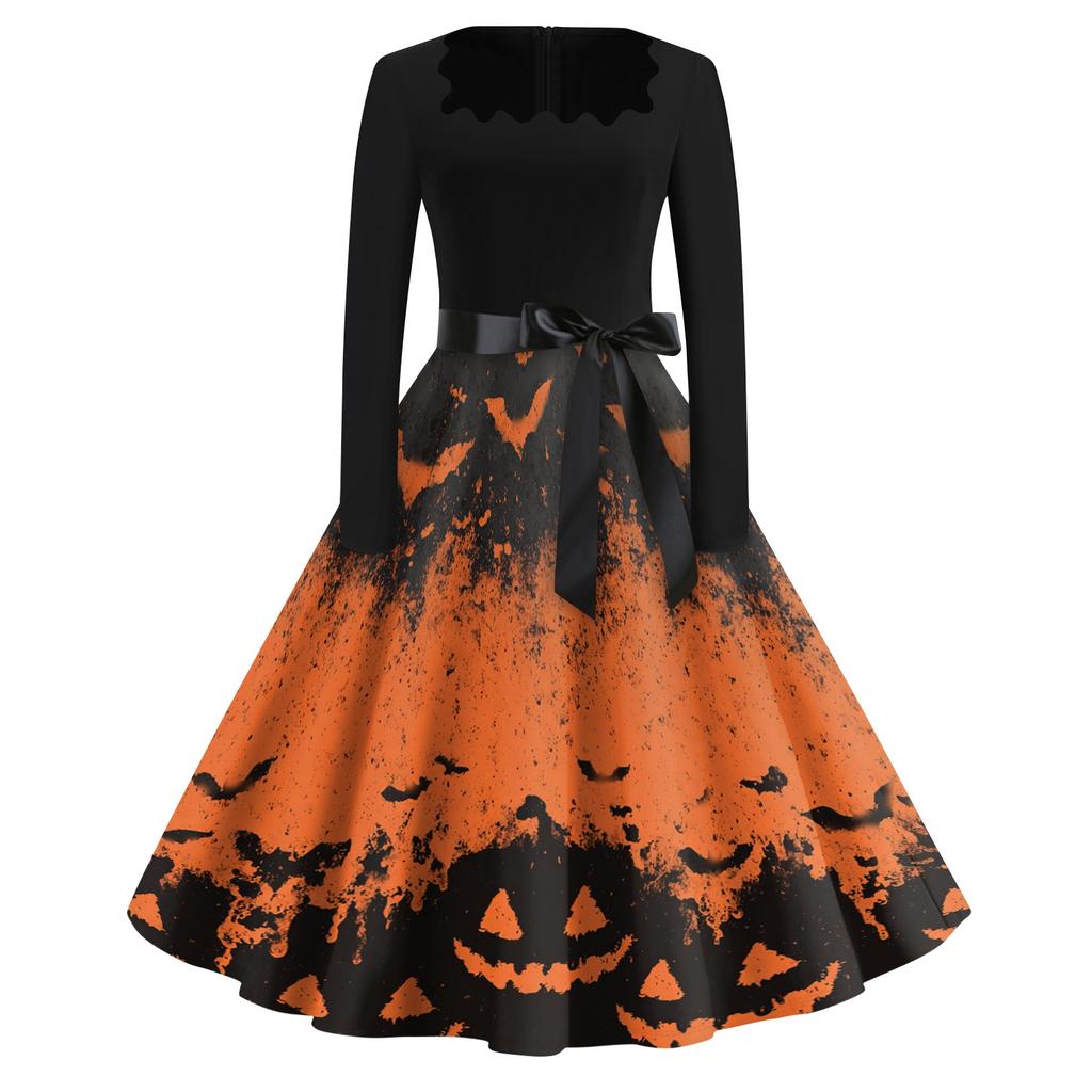 Women's Vintage Square Neck Casual Dress with Halloween Print for Fall Occasions
