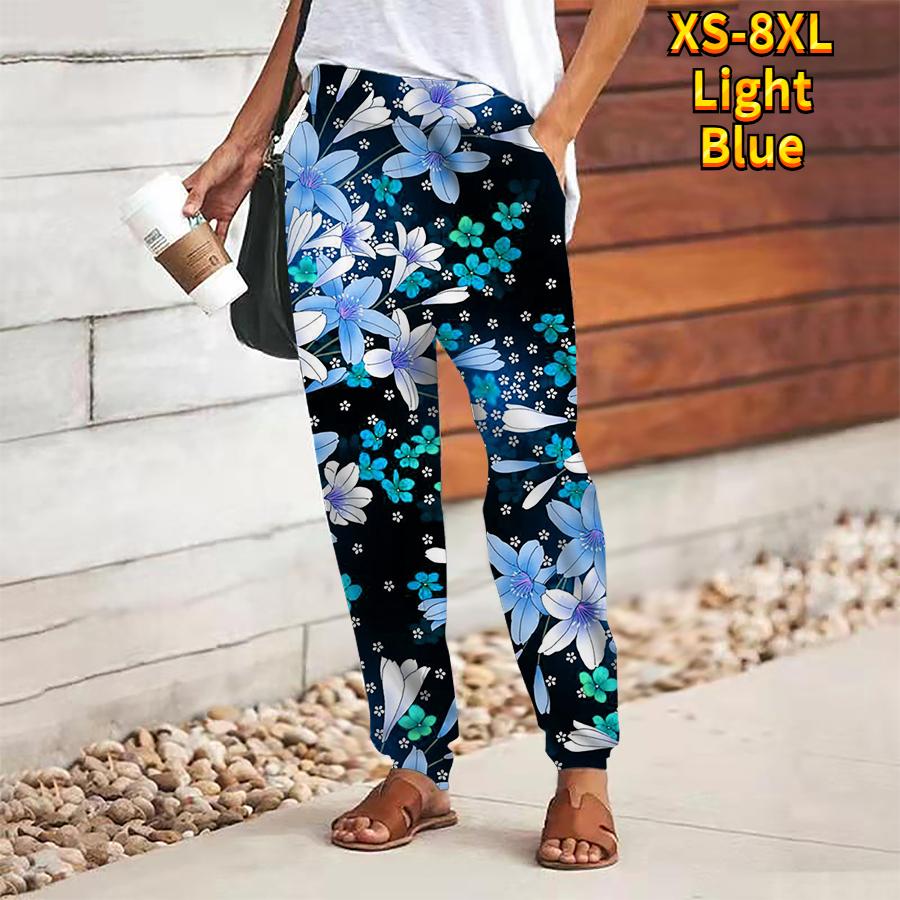 Dámské kalhoty s květinovým potiskem na šněrování s elastickým pasem volné kalhoty ležérní dlouhé kalhoty kalhoty s kapsami