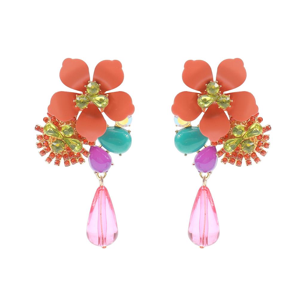 E11811 new retro personality exaggerated versatile resin flower water drop long earrings heavy industry temperament