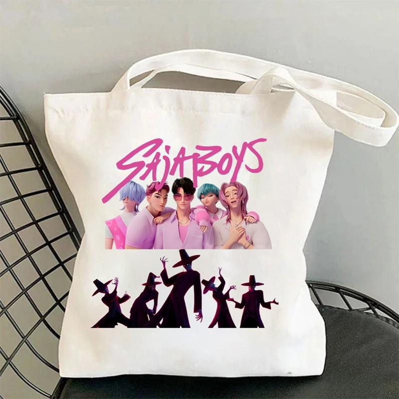 New Kpop Demon Hunters Black White Canvas Bag Saja Boys Anime Print Tote Bag Girls Trendy Lightweight Shoulder Bag