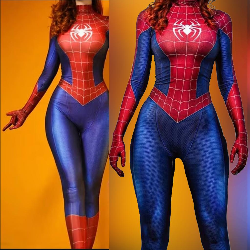 Sexy Spider-Man Cosplay Bodysuit – Red Black Zentai Jumpsuit, Form-Fitting Superhero Costume for Women, Anime Halloween Party