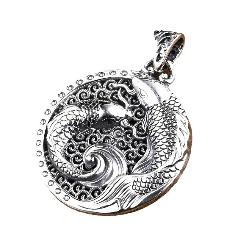 National Style Glossy Double Fish Necklace for Men and Women New in Hollow Out Round Pendant Creative Vintage Jewelry