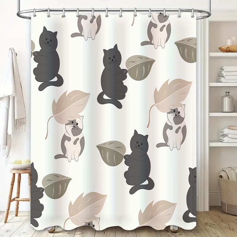 White Shower Curtain With Black Grey Cats And Leaves Decorative Bathroom Accessories For Home Decoration
