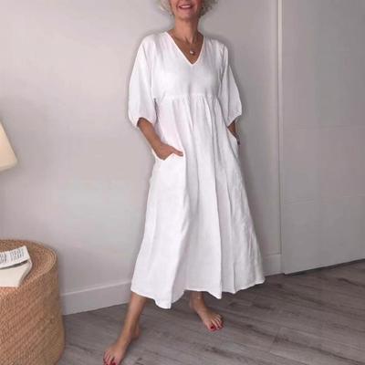 Women's Retro Dress Cotton Linen Deep V-neck Pleated Solid Color Casual Pocket Dress