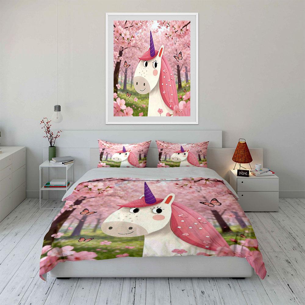 Unicorn Blossom Spring Decor Set Soft Comfortable Duvet Cover Bedding Set Included 1*Duvet Cover & 2*Pillowcases, Gift