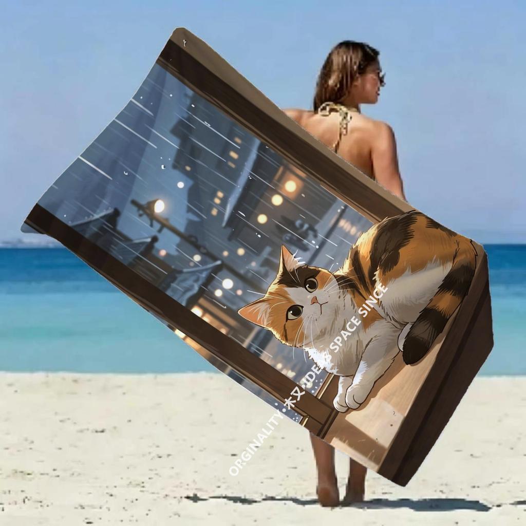 Cozy Rainy Cat Town Beach Towel Patterned Sunscreen And Windproof Suitable For Swimming Pool Camping Travel Blanket