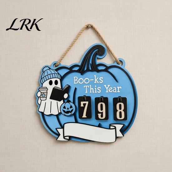 Halloween Reading Accessory Ghost Pumpkin Tracker Wooden Hanging Sign, Sliding Number Counter for Book Read This Year, Design Spooky Decor with