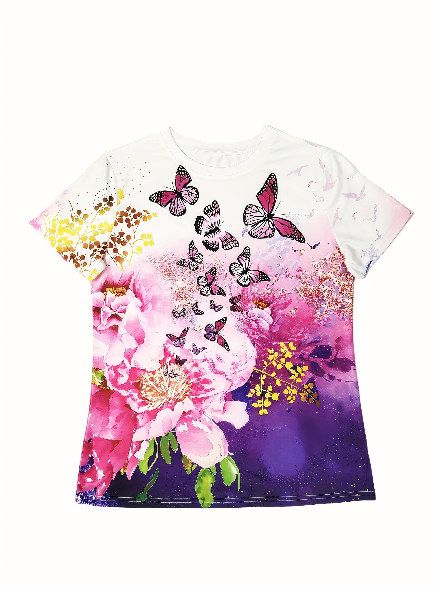 A Women S SpringSummer Butterfly Floral Print Short-Sleeved Round Neck T-Shirt. Round Neck T-Shirt Casual Short-Sleeved T-Shirt. Fashionable Short-Sle S дубильная кора