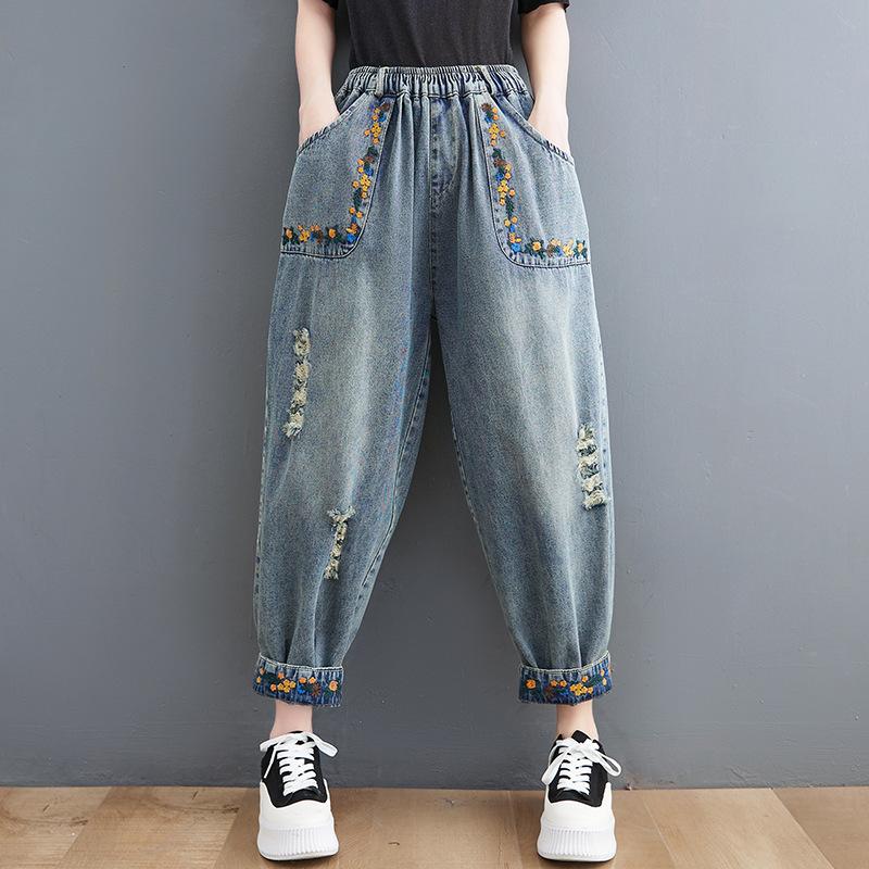 Spring Ladies Embroidered Patch Jeans Elastic Waist Loose Nine-Point Harem Pants