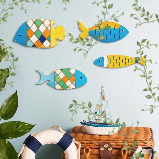 4 Pcs Wooden Fish Nautical Wall Decor Rustic Coastal Ocean Fish Wall Art Vintage Beach Lake House Hanging Sculpture for Bedroom Living Room