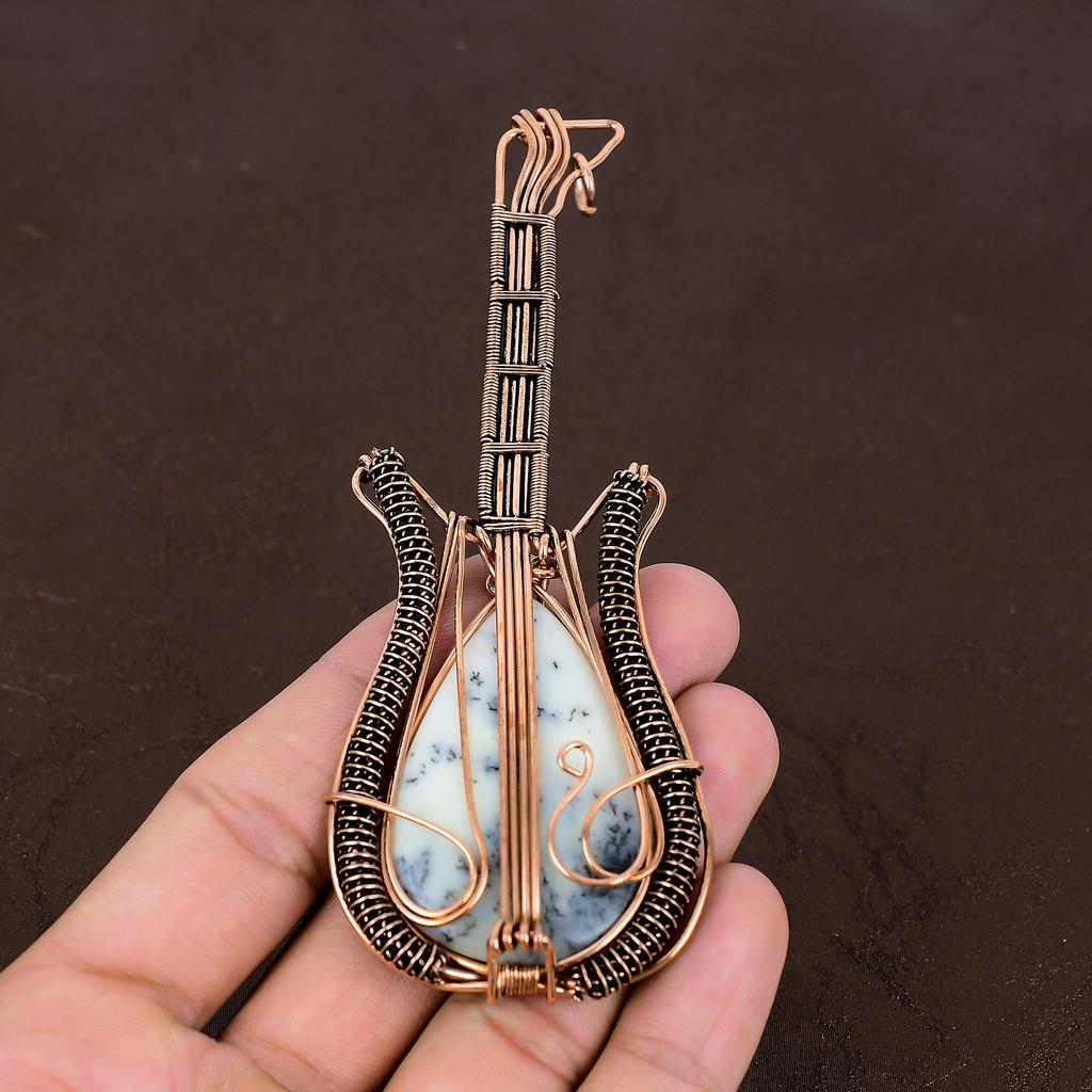 Dendrite Opal Handmade Copper Wire Wrap Guitar Pendant 4.53" O0i59
