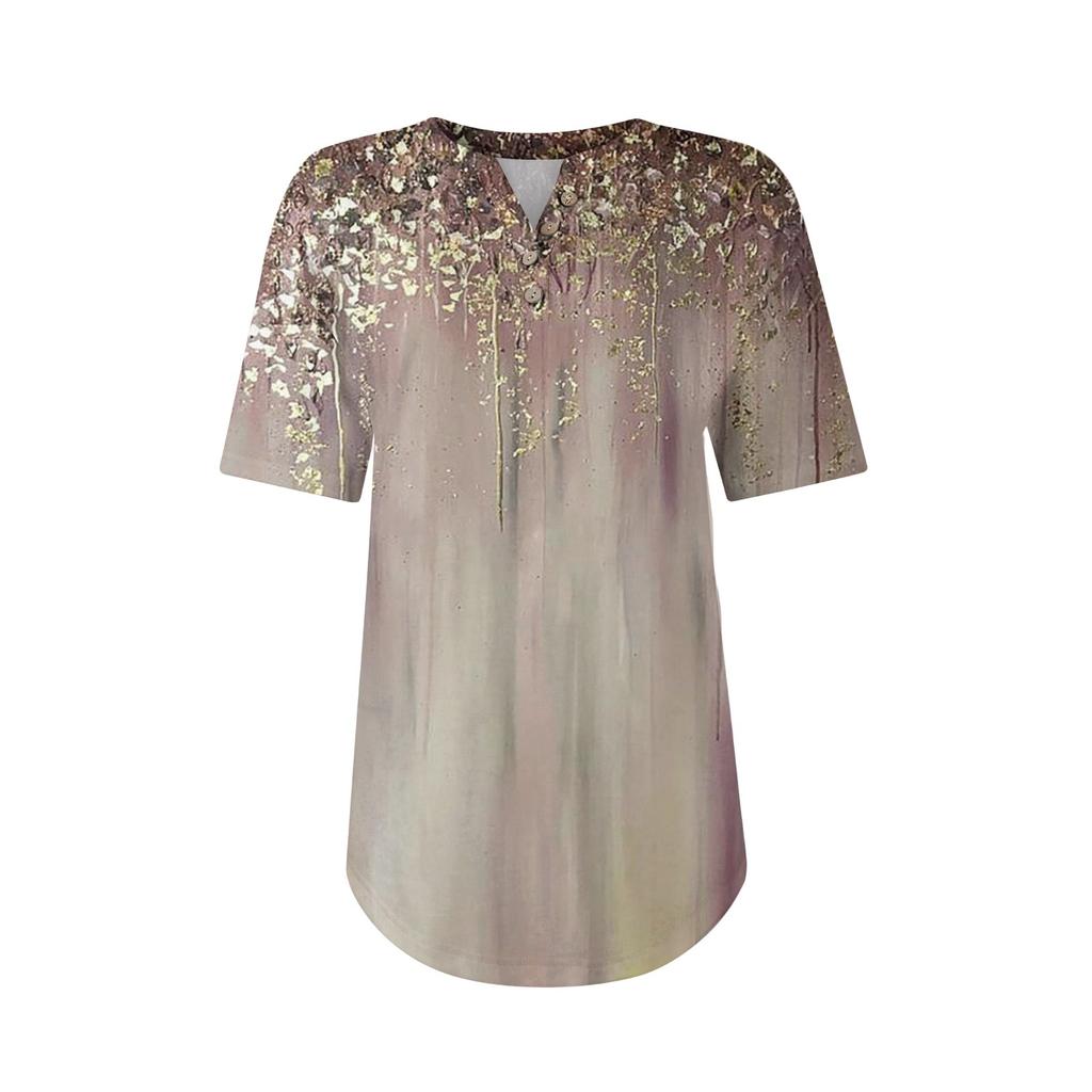 Korte Mouw Dames Tops Zomer T-shirts Bloemenprint V-hals Casual Basis T-shirt Knopenhemden Tuniek Tops