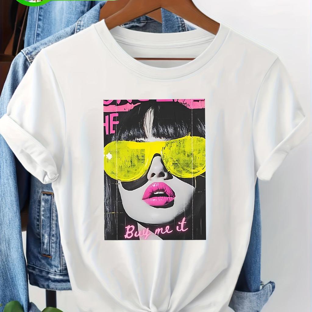 Ladies Tshirt Cool Pop Art Fashion Pattern Tshirt With Sunglasses For Comfortable Street Style Daily Wear
