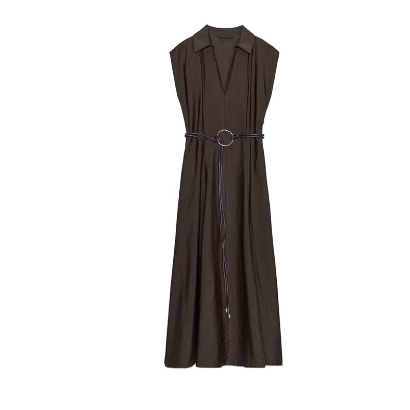 Autumn New Women Clothes Seaside Holiday Style V-neck Sleeveless A Word With Belt Midi Dress 5029168