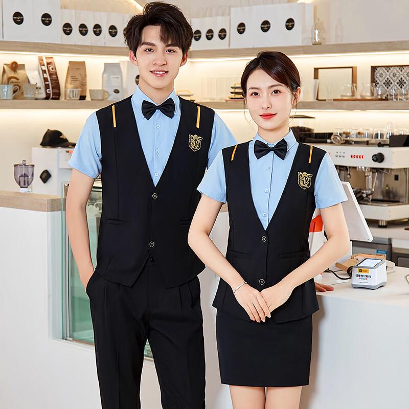 

Teluoman Unisex Hotel & Restaurant Staff Summer Faux Two-Piece Uniform 4XL