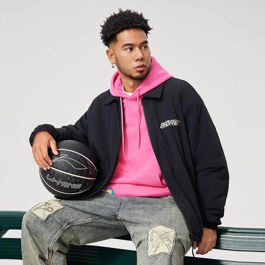 Li Ning Badfive Series High Street American Vintage Letter Zipper Collar Fleece Warm Loose Cardigan Jacket Men jackets Black AFDU503-1