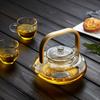 Dzbanek do herbaty Pokaro ze szkła żaroodpornego, 800 ml pojemności całkowitej, bambusowy uchwyt, płaski design, wbudowany zaparzacz, bezpieczny na kuchence, stylowy szklany dzbanek do herbaty,