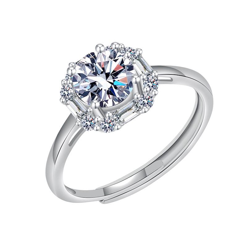 

S925 Sterling Silver White Zircon Square Diamond Ice Flower Ring - Light Luxury Design for Women Open Adjustable