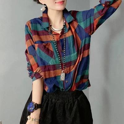 Dámska vintage klasická kockovaná bavlneno-ľanová košeľa na gombíky jarná jesenná móda s dlhým rukávom voľná blúzka Y2K streetwear topy