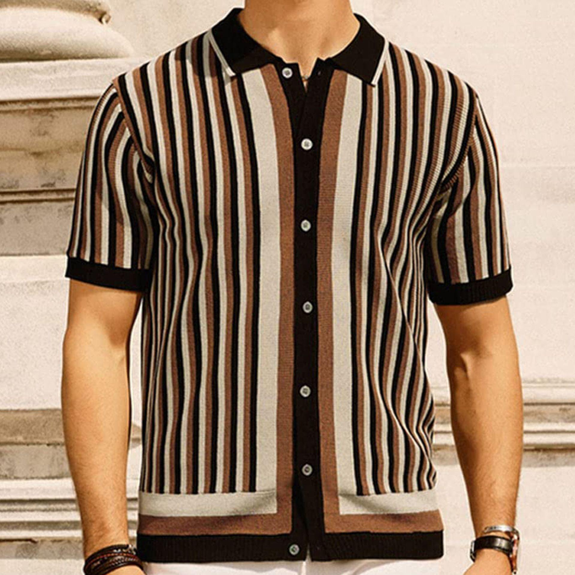 

European and American Men s Striped Knit Sweater Icy Silk Knit Business Casual Polo Shirt XXXL чорний