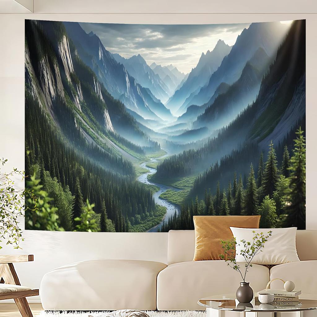 Nature Mountain Forest Tapestry for Bedroom, Landscape Wall Hanging Tapestries, Scenic Green Pine Tree Waterfall Landscape Wall
