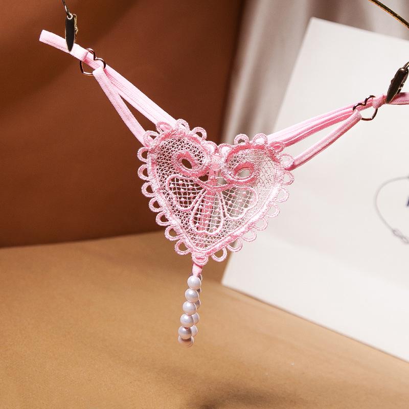Retro Pearl Heart Embellished Low Waist Thong - Women's Beaded Seduction Panties (Style: 2253)