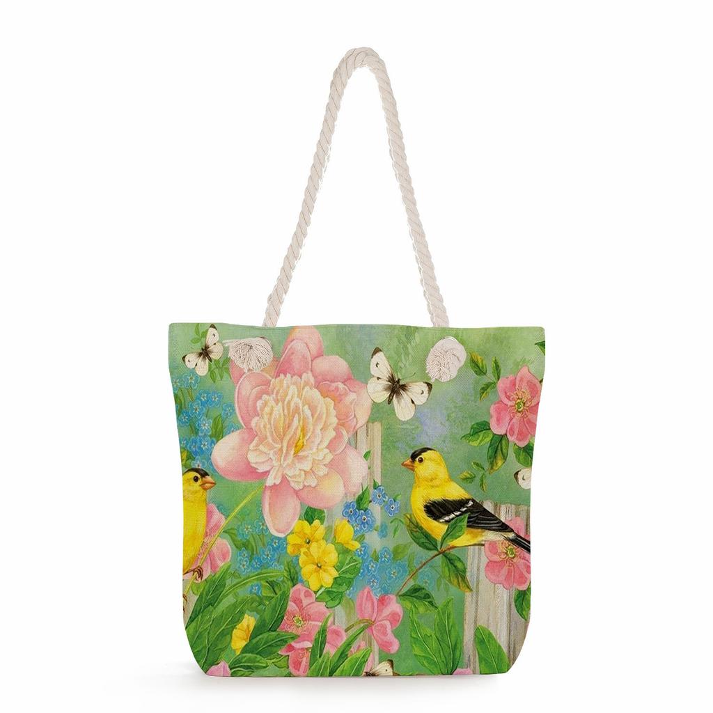Flower Bird print thick rope single-shoulder beach bag 7272 CLE
