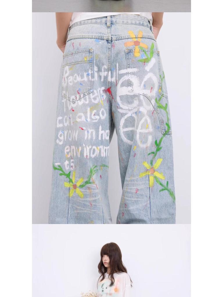 Men's Spring Retro Graffiti Print Wide-Leg Jeans: Casual, Cool, Loose-Fit