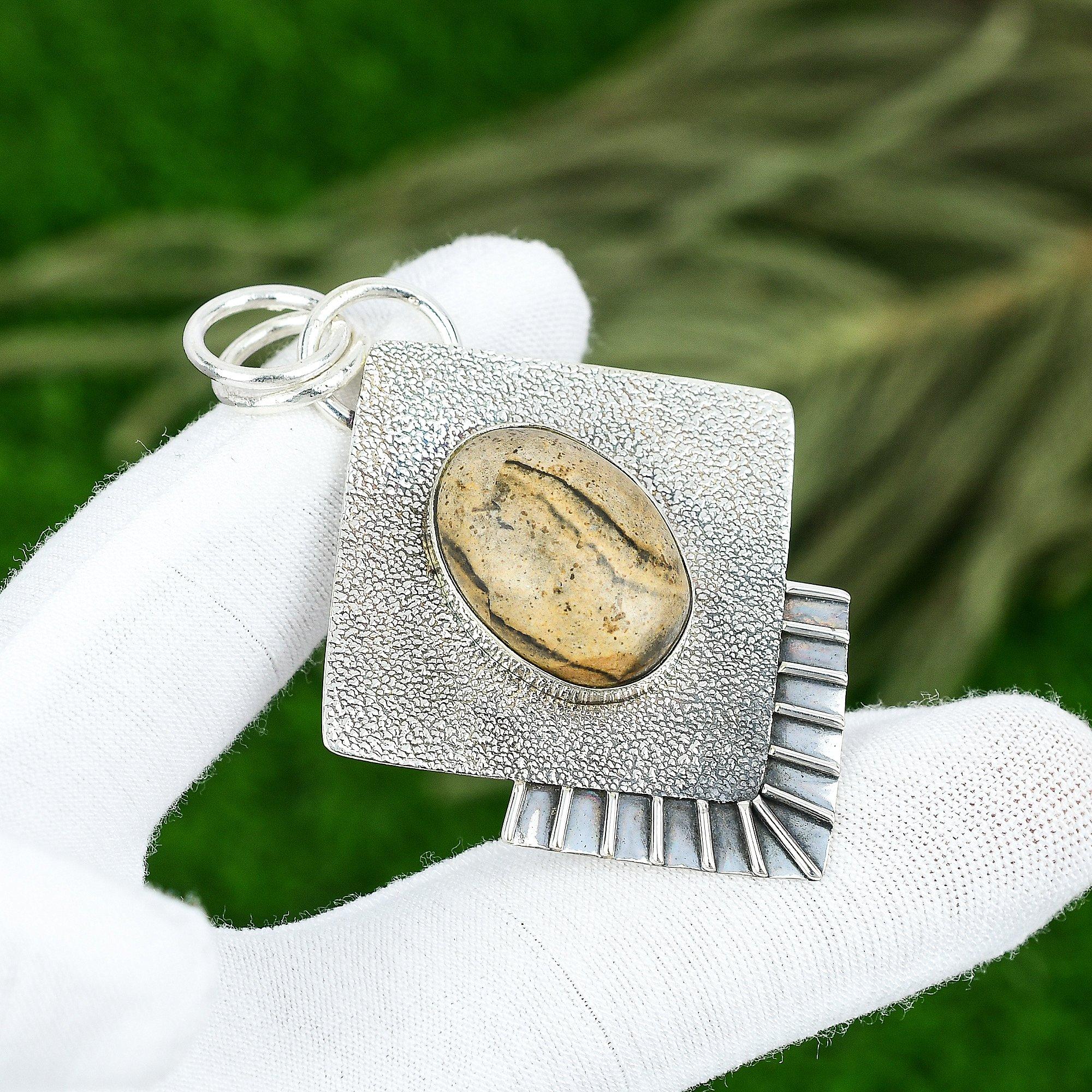 

925 Sterling Silver Picture Jasper Gemstone Daughter Bezel Anniversary Pendant