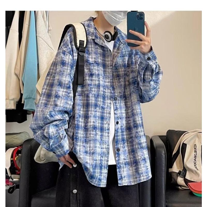 Spring and autumn high-end retro tie-dye plaid shirt men's long-sleeved versatile simple jacket
