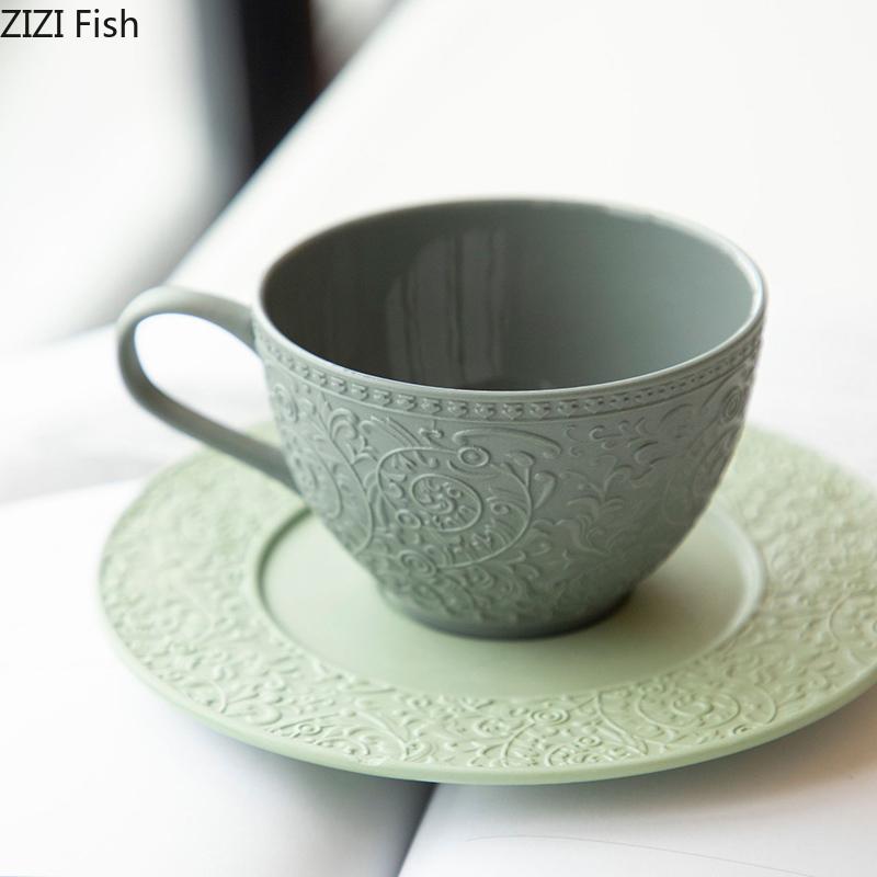 Flower Relief Ceramic Cup&saucer Floral Pattern Coffee Mug Dining Table Milk Mugs Afternoon Tea Teacup Fruit Juice Container