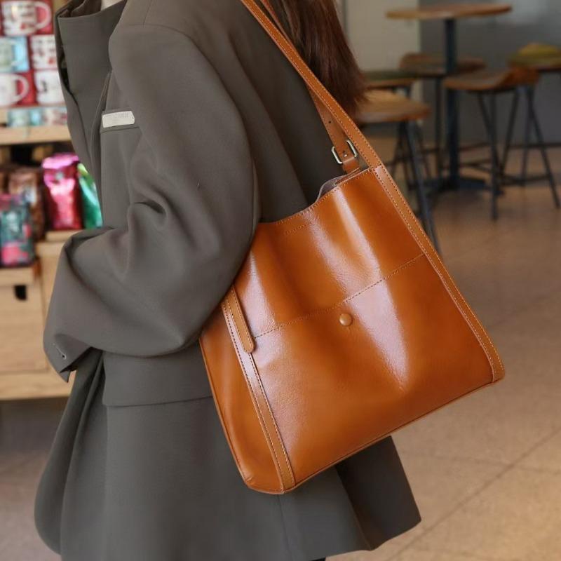 Tragetasche Großvolumig Echtes Leder Damen Tasche Rindsleder Ein-Schultertasche Eimertasche