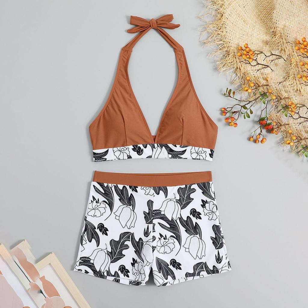 Women Neck Two Piece Swimsuit with Floral Print Shorts and Removable Padding for Beach and Pool Wear