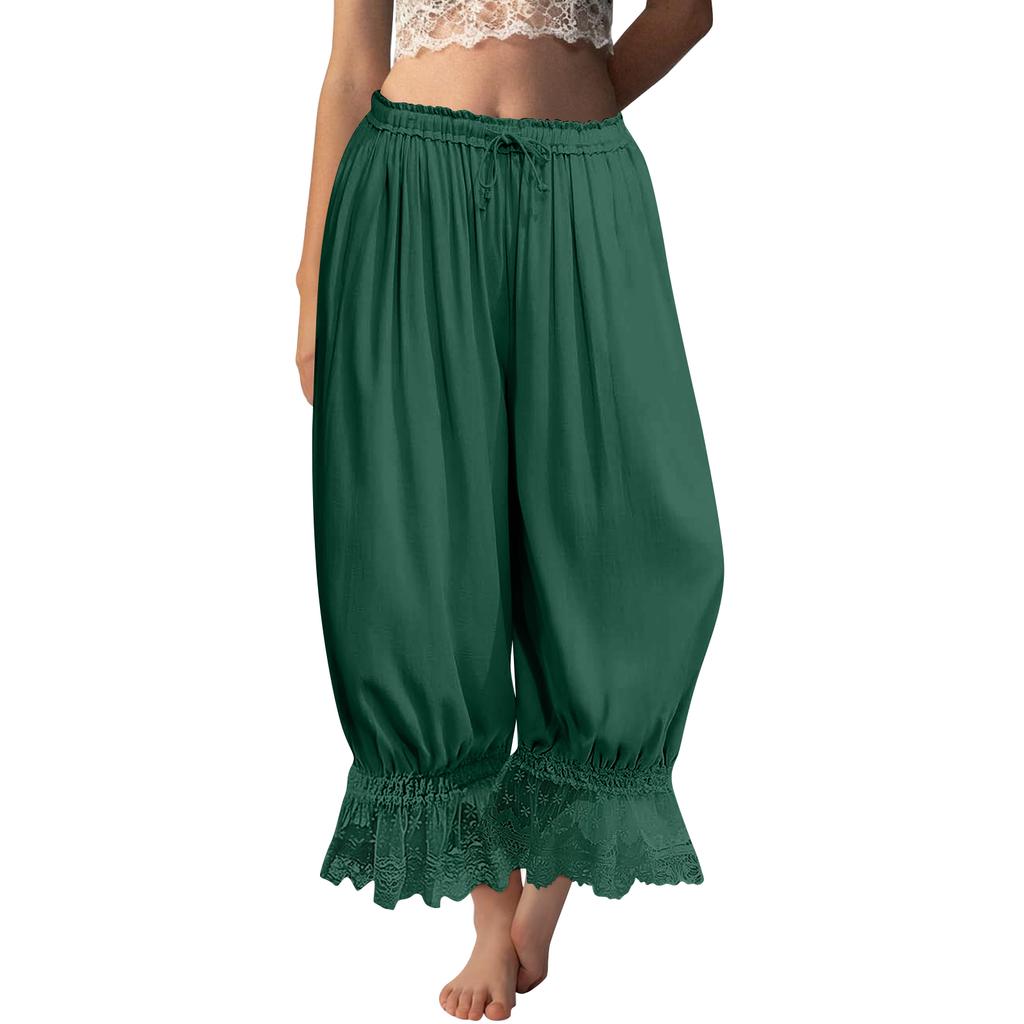 Women's Lace-Trimmed Long-Length Ruffled Vintage Wide-Leg Pants Summer Beach Travel Vacation Pants