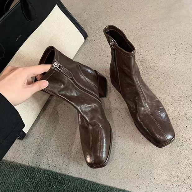 Fashion Women's Short Boots 2025 Spring Korean Style Square Head Thin Boots Short Boots Thick Heel Ankle Boots Women