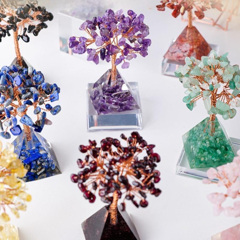 Natural Crystal Chip Money Tree Resin Pyramid Base Home Living Room Decor Ornament Desk Feng Shui Wealth Gift Idea Decoration