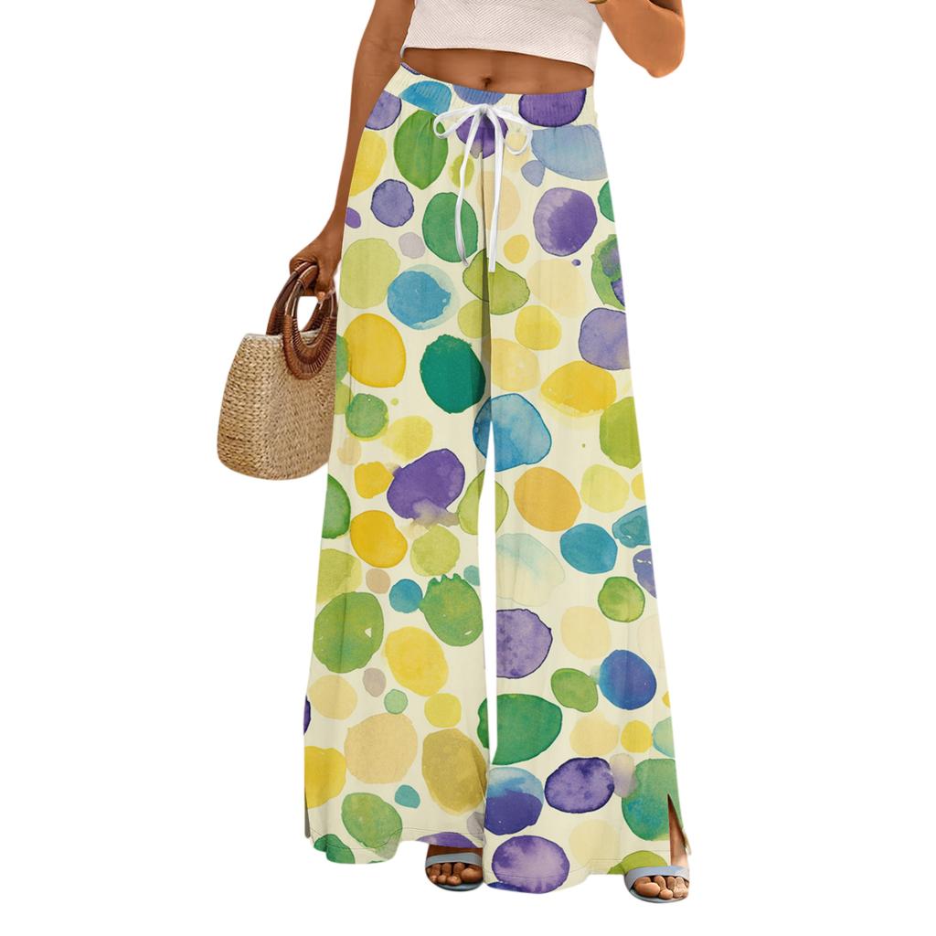 Damskie Luźne i Codzienne Spodnie z Szerokimi Nogawkami z Nadrukiem, z Elastycznym Pasem, Sznurkiem i Kieszeniami