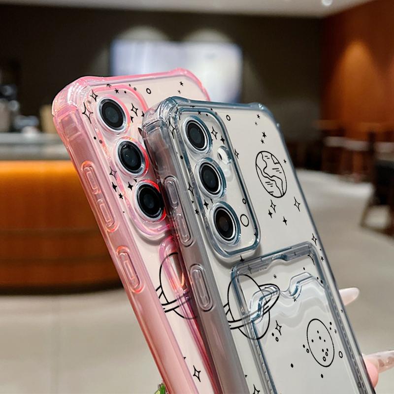 Cute Planet Pattern Clear Card Slot Case For Samsung S24 FE S23 S22 Ultra A16 A55 A15 A35 A54 A34 A14 Shockproof Soft Silicone Protection Phone Cover