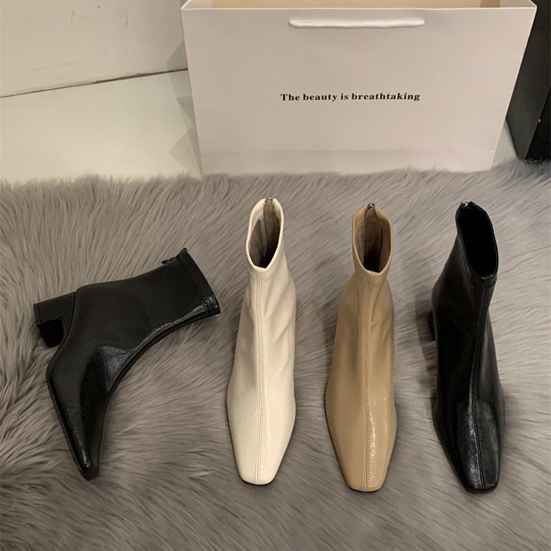 Kurzstiefel mit eckiger Spitze für Damen, dicker Absatz, Herbst und Winter 2025, neue vielseitige französische dünne Stiefel, Reißverschluss hinten, hoher Absatz, elastische Stiefel