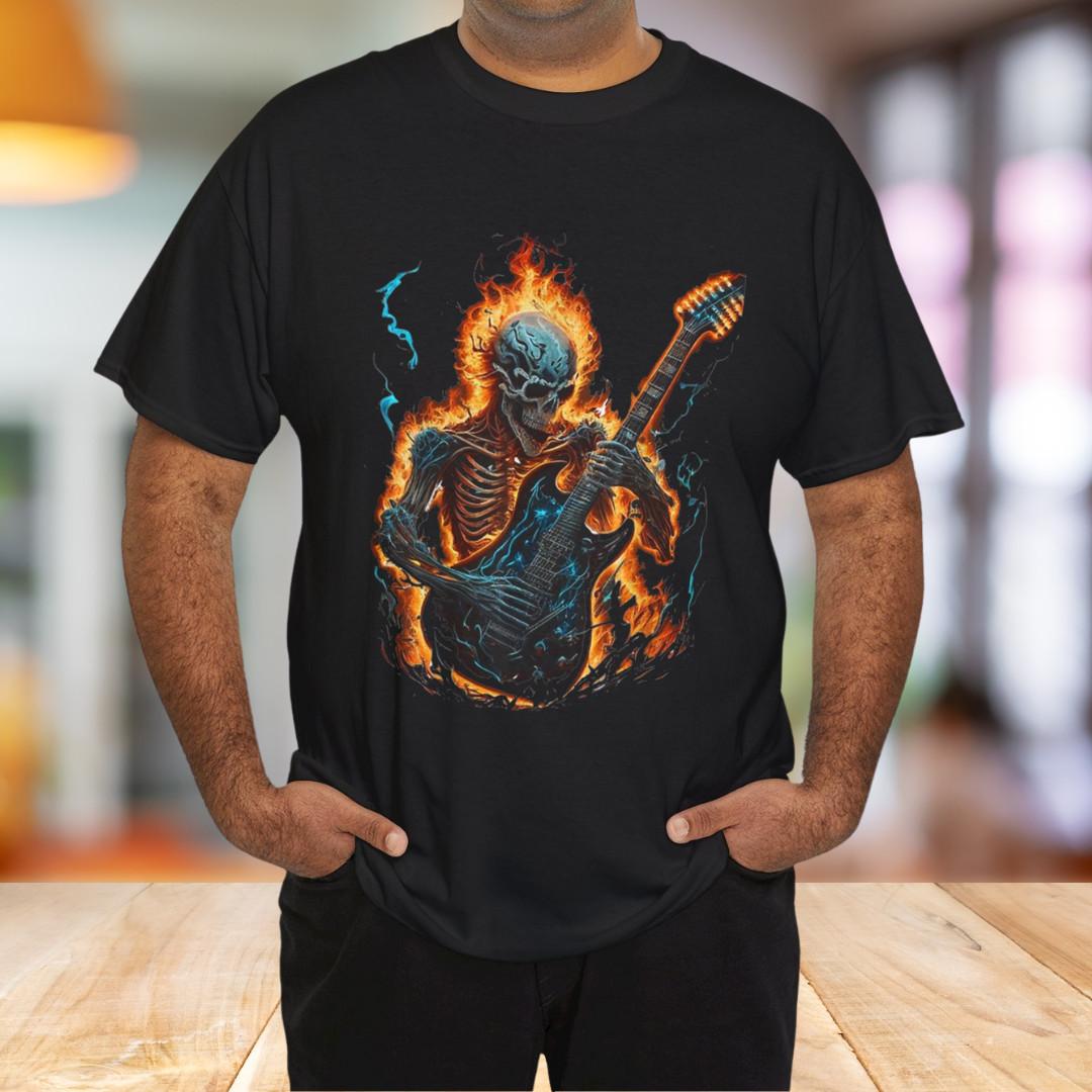 Skeleton With Fire Guitar Spooky Halloween Rock Band Concert T-Shirt S