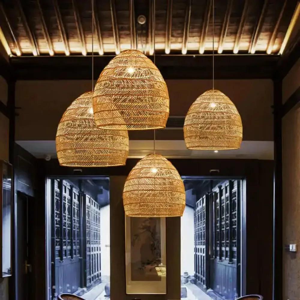 Natural Wicker Design Pendant Light Apply for Living Room Kitchen Indoor Decorative Lighting Wooden Chandelier Pendant Lights