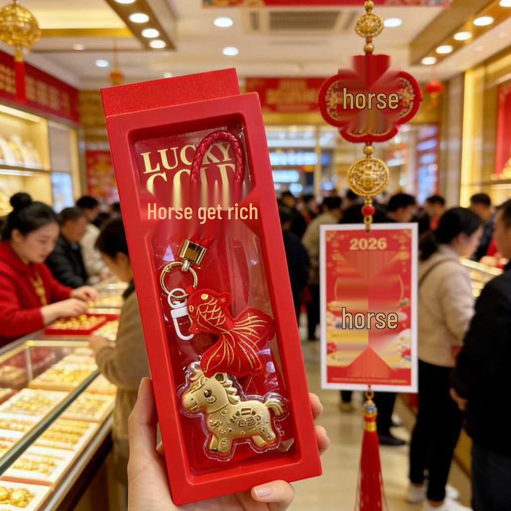 2026 24K Gold Money Keyring: Golden Princess Horse Pendant with Auspicious Words - Mobile Phone Charm Gift