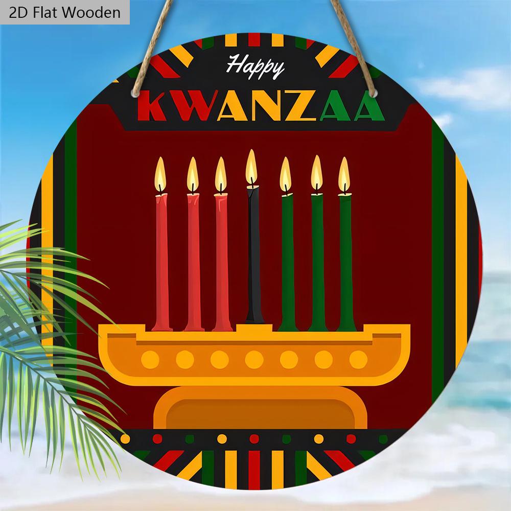 Happy Kwanzaa African American Festivals Wooden Sign - Classic Round Sign for Front Door, Wall Hanging Decor - Ideal Kwanzaa Decoration
