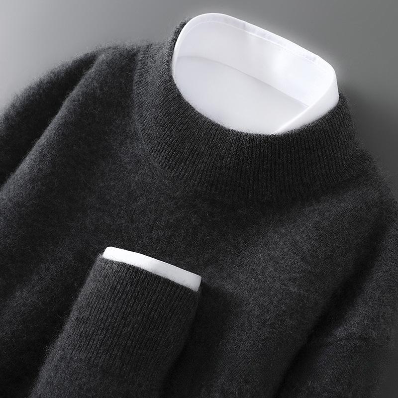 Men's Pure Wool Cashmere Knit Pullover - Autumn/Winter Half-High Neck Sweater