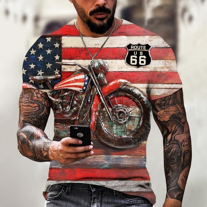 Retro Amerika Route 66 3D-tryckta herr-t-shirts Vintage lös herrkläder Sommar Rund hals Kort ärm Unisex Toppar T-shirts 4XL
