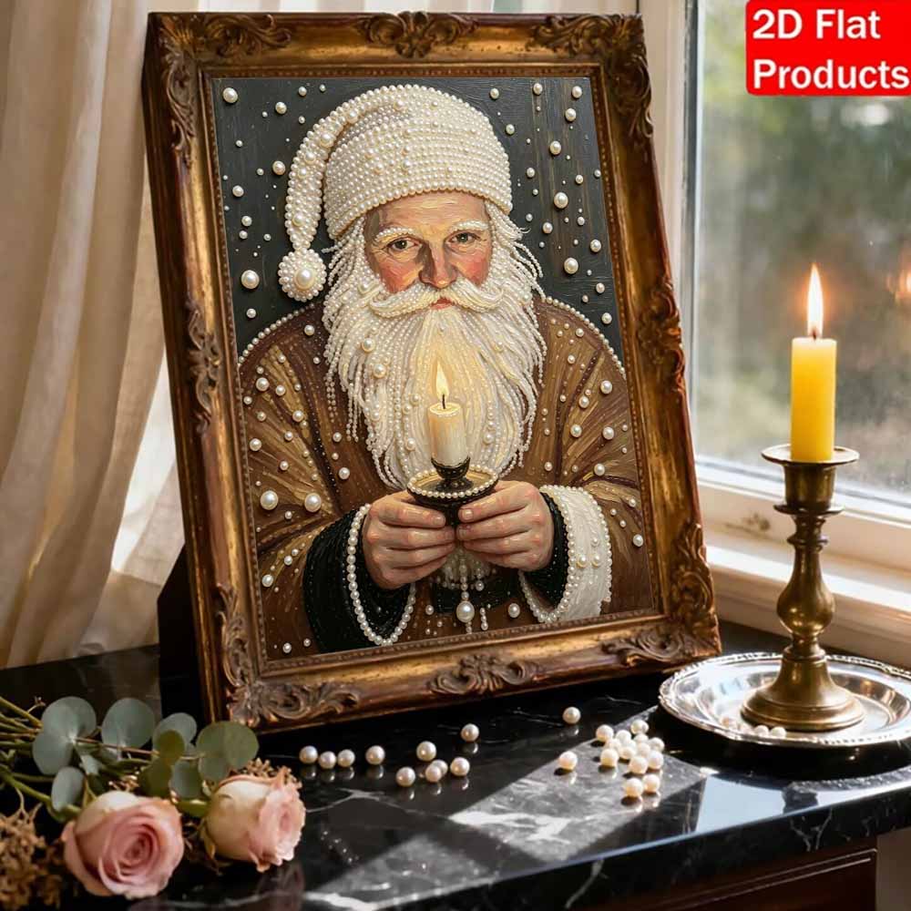 Santa Claus Holding Candle Pearl Bead Painting Kit with Frame Shiny Canvas Art Creative Craft Home Decoration Gift DIY Crafting Wall Decor