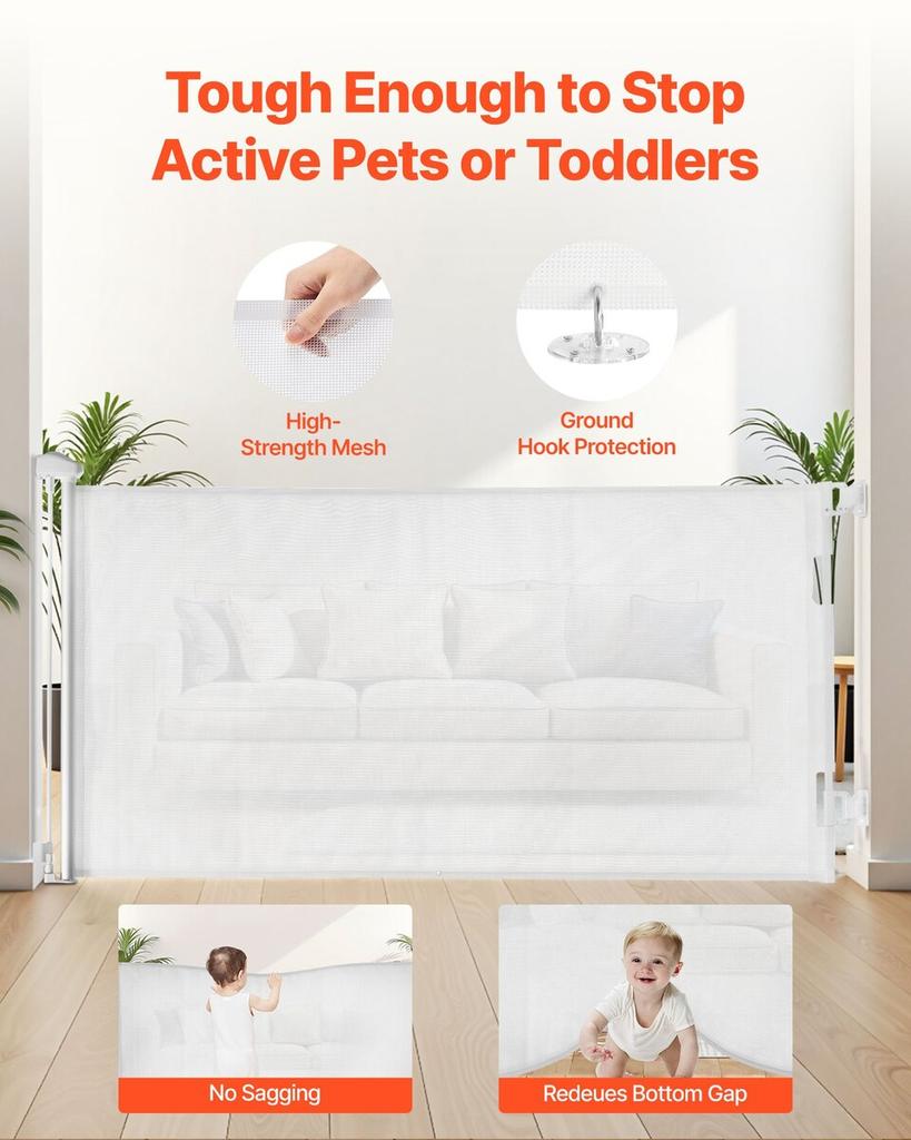 Retractable Baby Gate, Extends To 1430 Mm Wide, 795 Mm Tall, with Security Lock, Easy To Use, Walk Through Without Tripping, Mesh Dog Gate for Stairs,