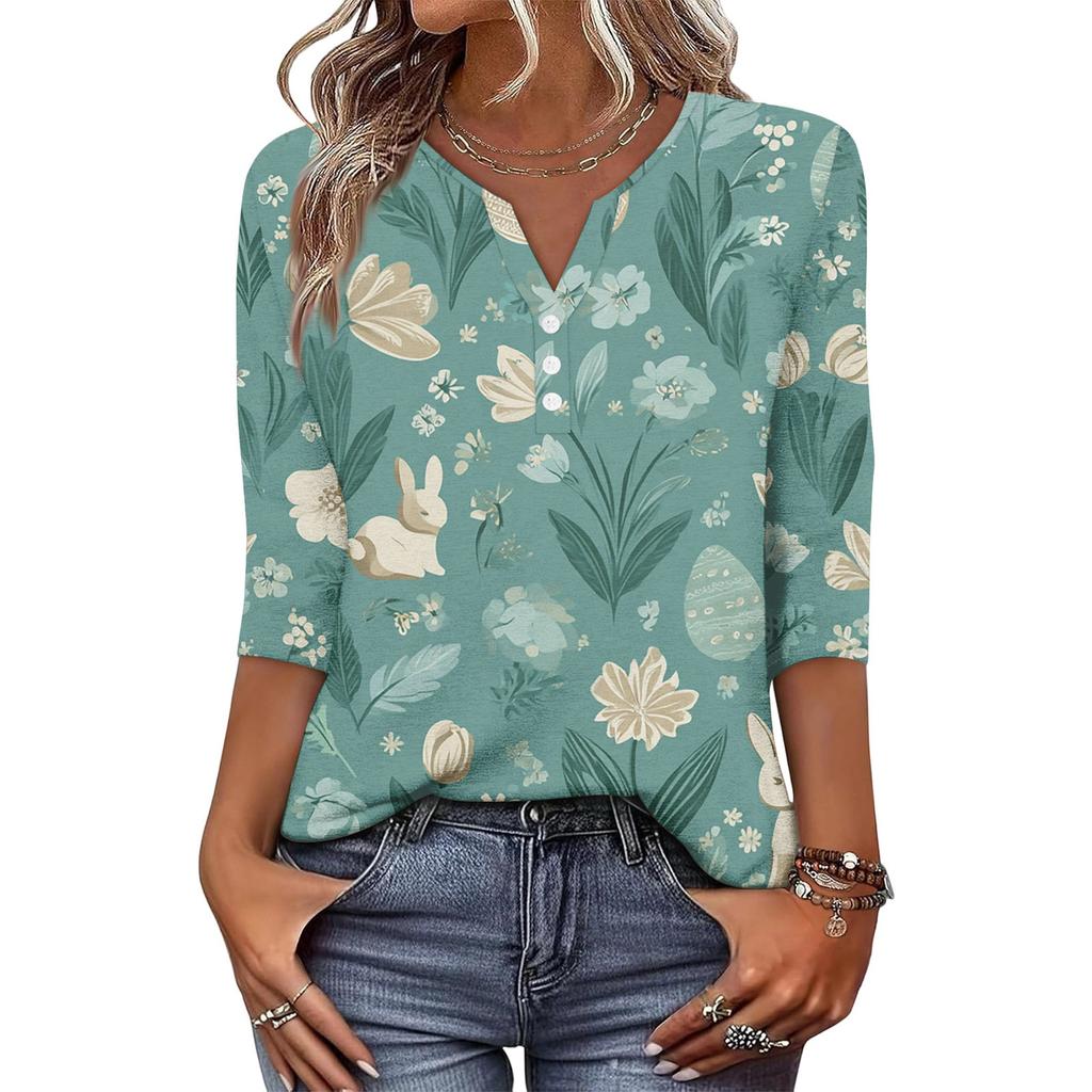 Camiseta de Manga Tres Cuartos con Botones y Cuello en V, Estampado de Conejo y Huevo de Pascua, Moderna y Casual para Mujer