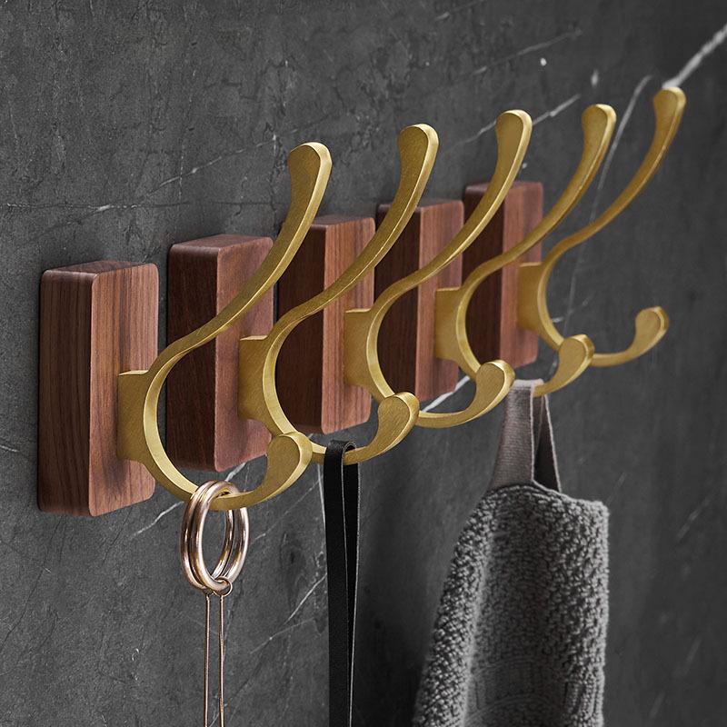 Walnut Bathroom Wall-Mounted No-Drill Adhesive Hook, Solid Wood & Space Aluminum